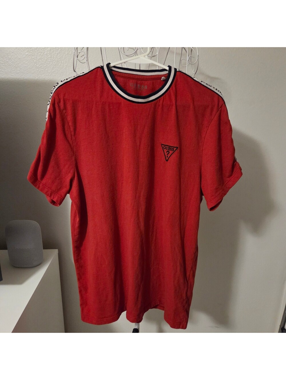 Guess Red Logo Crew Neck T-Shirt with Shoulder Tape Detail